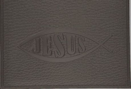 Обложка для паспорта (натуральная цветная кожа) , "Рыбка-Jesus" термопечать, цвет темно-коричневый