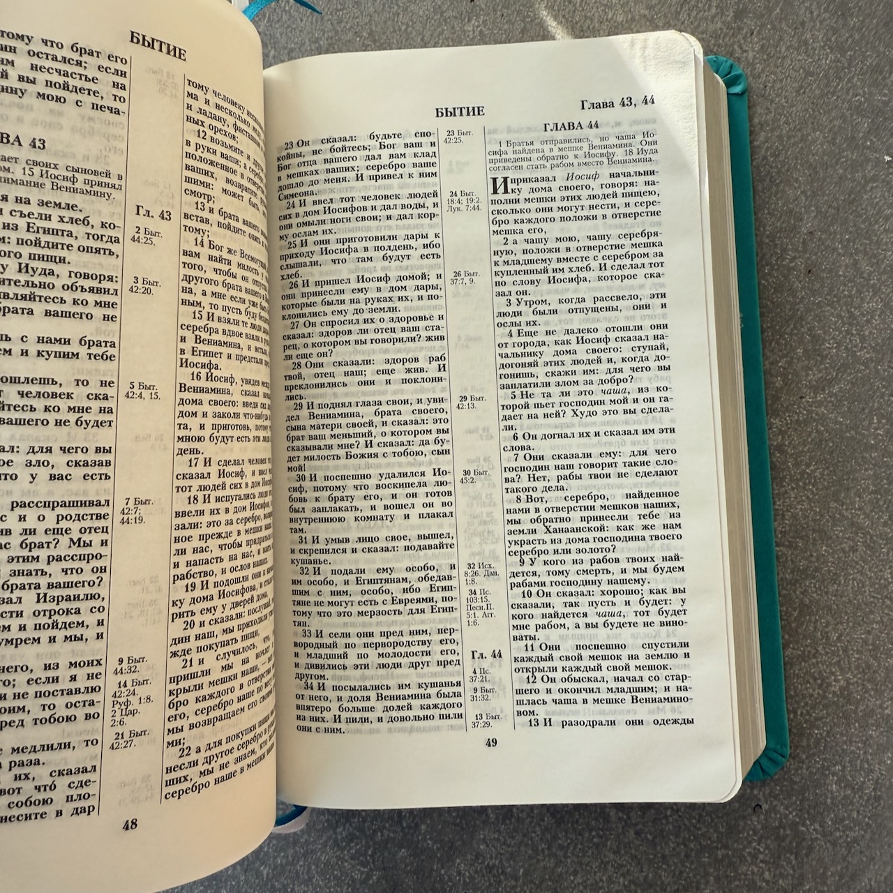 Дисконт. Печатный блок вклеен вверх тормашками, наоборот. Библия 048 код 25048-48 дизайн "Библия с вензелем", переплет из искусственной кожи, цвет бирюзовый, формат 125*195 мм