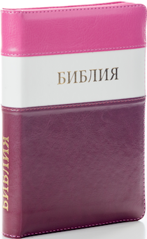 БИБЛИЯ 046DTzti формат, переплет из искусственной кожи на молнии с индексами, надпись золотом "Библия", цвет малина/белый/бордо горизонтальный, средний формат, 132*182 мм, цветные карты, шрифт 12 кегель