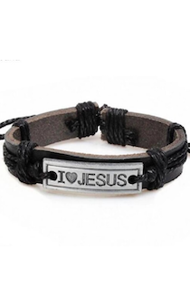 Браслет кожаный с металлической платиной с надписью "I love JESUS", черные шнурочки
