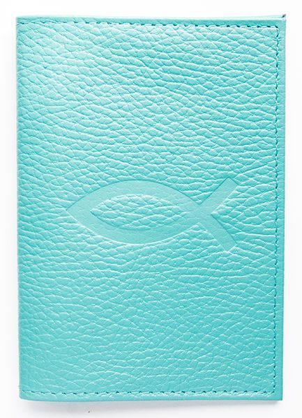 Обложка для паспорта (натуральная цветная кожа) , "Рыбка"  термопечать, цвет бирюзовый
