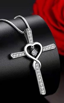 Кулон серебряный "Крест Сердце со стразами внутри сердечко"  размер 40*29 мм, на цепочке с небольшими звеньями (длина 46 см+5 см)