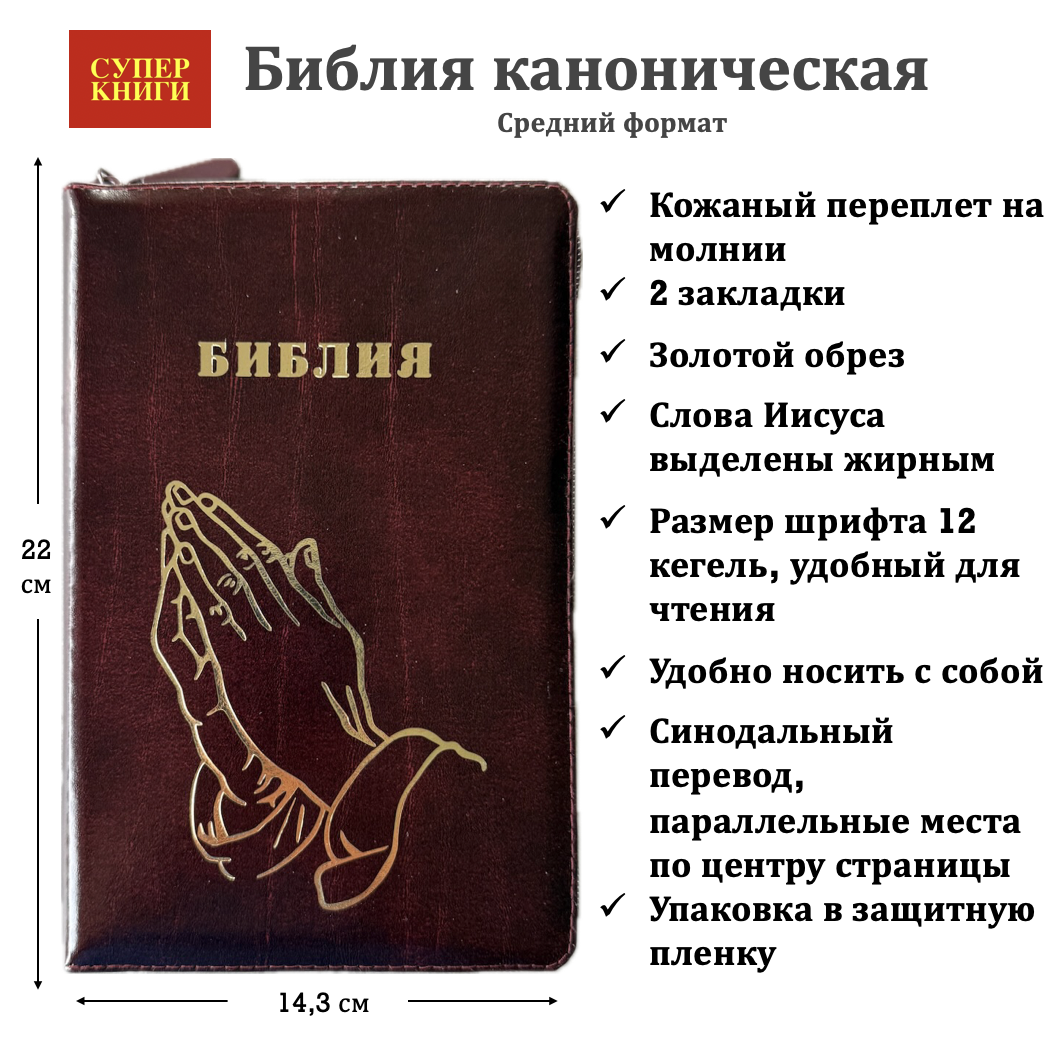 Библия 055z код 25055-26 дизайн "золотые руки молящегося", кожаный переплет на молнии, цвет коричневый с оттенком бордо с прожилками, средний формат, 143*220 мм