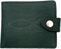 Портмоне на кнопке (натуральная кожа). Термо штамп "Рыбка,", отделение для банкнот + отделение для мелочи + 3 отделения для карточек, цвет темно-зеленый