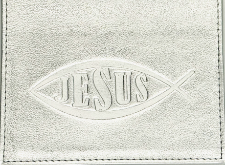 Обложка для паспорта (натуральная цветная кожа) , "Рыбка-Jesus" термопечать, цвет серебристый