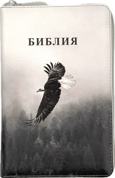 Дисконт. На задней стороне обложки справа от стиха из библии зацепка в виде полосы. Библия 048 zti код 25048-54 цветная печать "орел", переплет из искусственной кожи  на молнии с индексами, формат 125*195 мм, золотой обрез