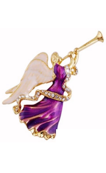 Брошь "Ангел громогласный" , цвет Фиолетовый с белыми крыльями с золотыми вставками, покрытие, полимерная светоотражающая смола, размер 70*50 мм, очень красивая