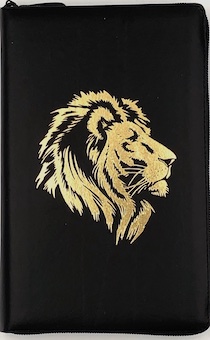 Библия 055zti код D8 дизайн "золотой лев", кожаный переплет на молнии с индексами, цвет черный с прожилками, средний формат, 143*220 мм, параллельные места по центру страницы, белые страницы, золотой обрез