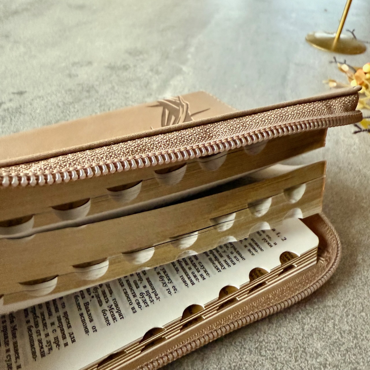 Библия 048 zti код 25048-27  дизайн "термо штамп терновый венец", переплет из искусственной кожи на молнии с индексами, цвет серо-бежевый , формат 125*195 мм