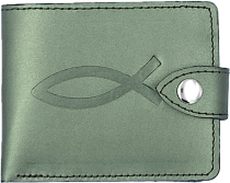 Портмоне на кнопке (натуральная кожа). Термо штамп "Рыбка,", отделение для банкнот + отделение для мелочи + 3 отделения для карточек, цвет зеленый металлик