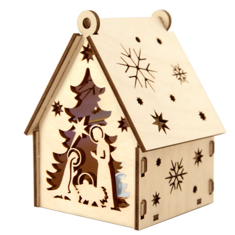 Сборная модель-конструктор  "Домик рождественский с подсветкой Рождение Иисуса - домашние животные" из 8 деталей, размер в собранном виде 8х8х11,5 см, Материал: фанера. В комплекте светодиодная свеча с батарейкой. Цвет коробки синий