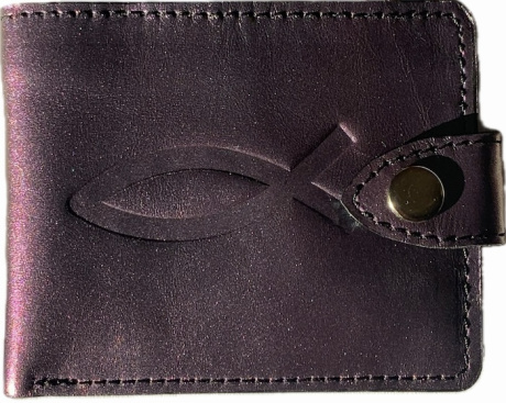 Портмоне на кнопке (натуральная кожа). Термо штамп "Рыбка,", отделение для банкнот + отделение для мелочи + 3 отделения для карточек, цвет серебристый металлик с фиолетовым отливом