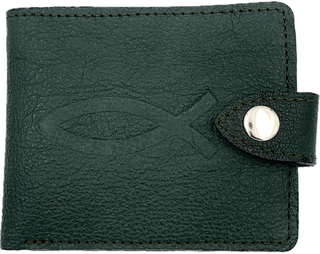 Портмоне на кнопке (натуральная кожа). Термо штамп "Рыбка,", отделение для банкнот + отделение для мелочи + 3 отделения для карточек, цвет темно-зеленый