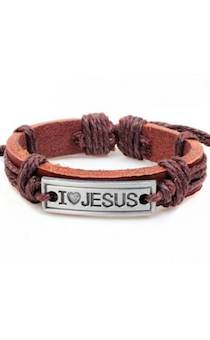 Браслет кожаный с металлической пластиной с надписью черного цвета "I love JESUS", "молочно-шоколодные" шнурочки