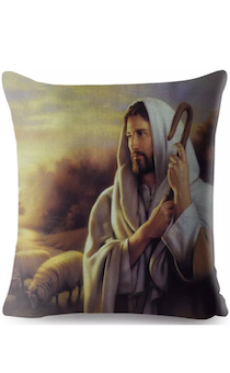 Цветной чехол на подушку из мягкой ткани на молнии, полноцветная печать, рисунок "Господь - Пастырь мой", размер 45 на 45 см - Иисус и овцы