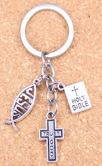 Брелок металлический "Крест-Trust God, библия, рыбка-Jesus", цвет серебро