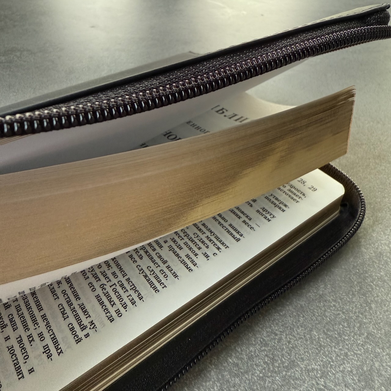 Библия 055z код 25055-16 "Библия с вензелем", кожаный переплет на молнии, цвет черный гладкий, средний формат, 143*220 мм