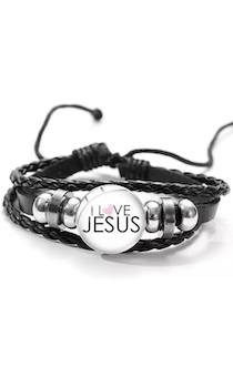 Браслет тройной кожаный цвет черный + плетенка + металлические бусины + круглая цветная вставка (белого цвета) - I Love Jesus (сиреневое сердце