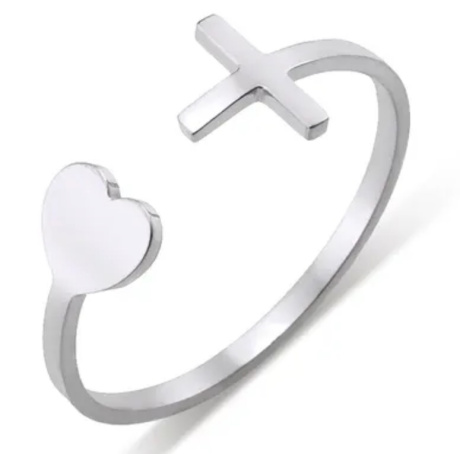 Кольцо универсальное, материал сталь, размер регулируется, КРЕСТ и СЕРДЕЧКО ,  цвет "серебро", металлик