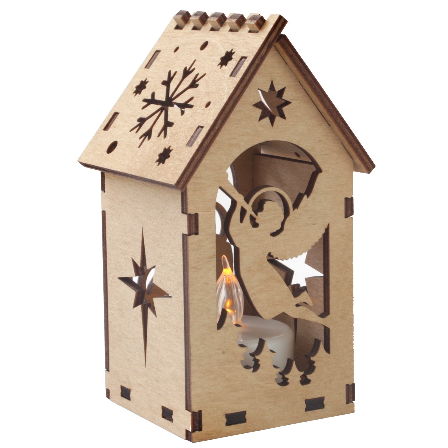 Сборная модель - конструктор "Домик рождественский с подсветкой Рождение Иисуса и Ангел" из 7 деталей, размер в собранном виде 5х5х10,5 см, Материал: фанера. В комплекте светодиодная свеча с батарейкой Цвет коробки зеленый