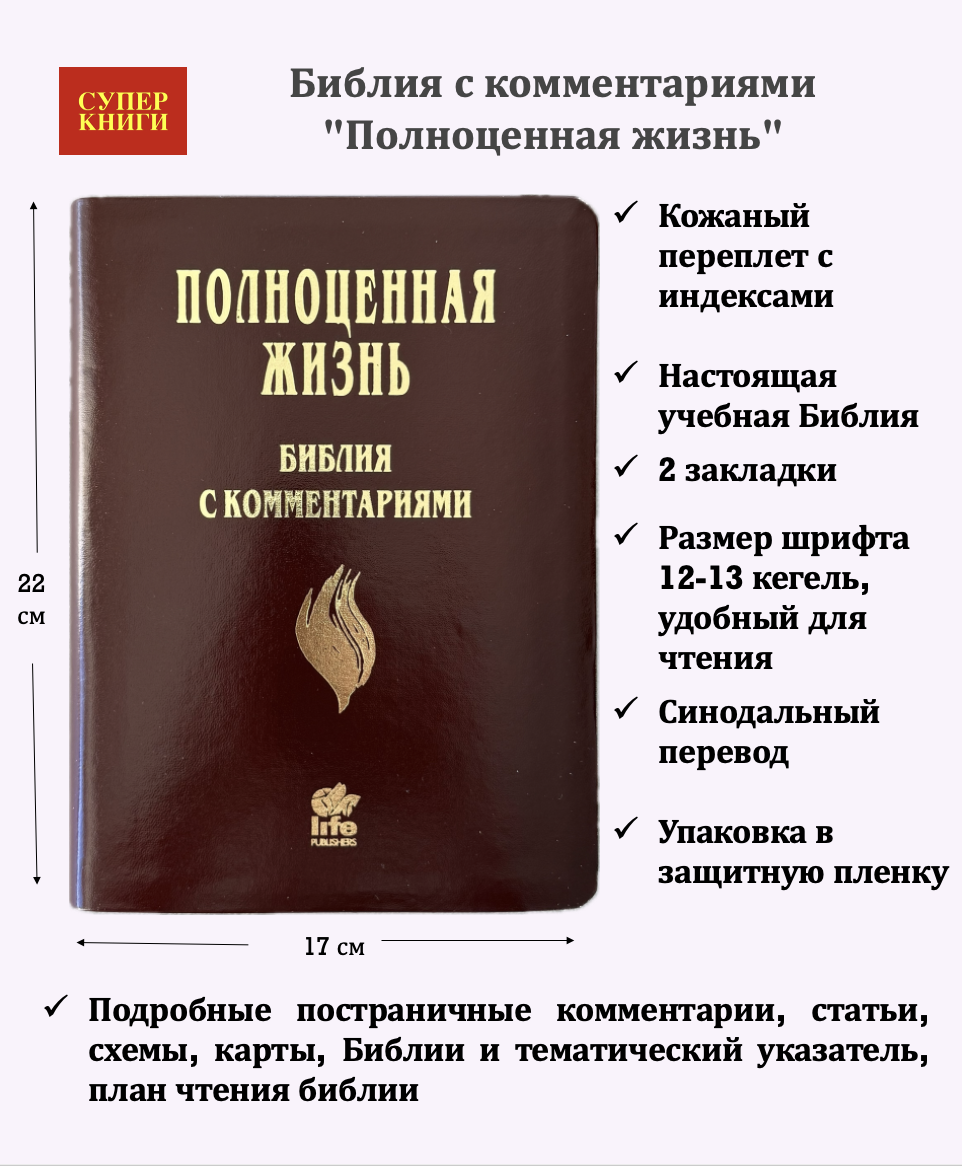 Библия с комментариями "Полноценная жизнь" 065TI, код 25065-13, кожаный переплет, две закладки, цвет коричневый с оттенком бордо глянец, цветные карты