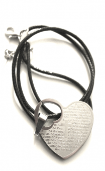 Кулон металлический "Сердце внутри крест"", надпись "Отче Наш на испанском языке", цвет "серебро" ,  размер 28*26 мм, на кожаном шнуроче