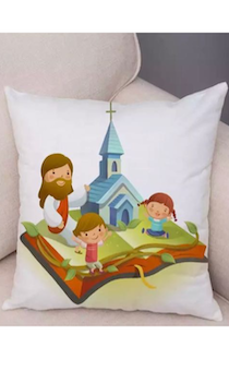 Цветной чехол на подушку из мягкой ткани на молнии, полноцветная печать, рисунок "Иисус, церковь библия и дети"  детская, размер 45 на 45 см