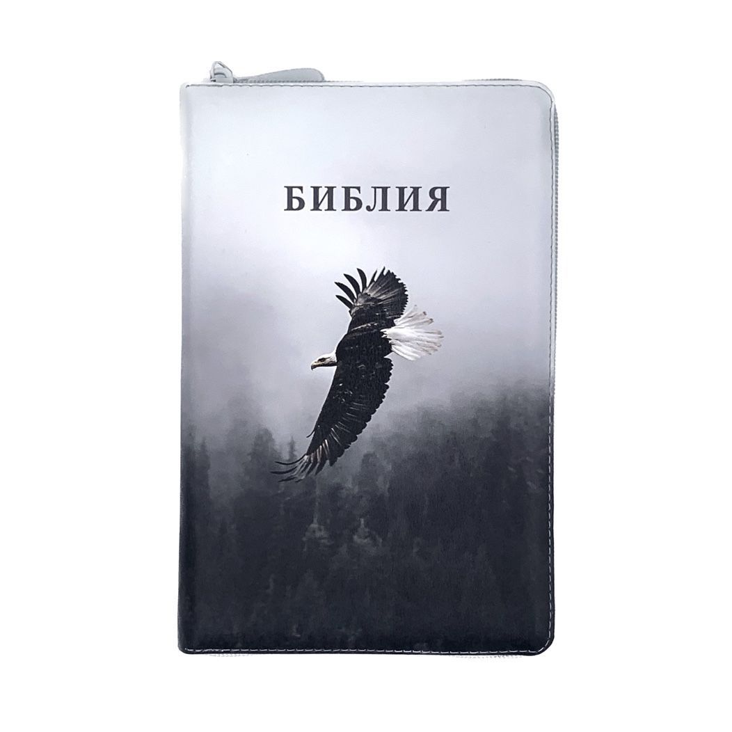 Дисконт Серая черточка с задней стороны обложки, по центру. Библия 055zti код 25055-66  цветная печать "Орел", переплет из искусственной кожи на молнии с индексами, формат 143*220 мм
