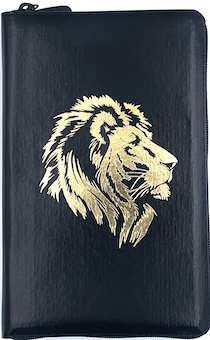 Библия 055zti код 23055-35 дизайн "золотой лев", кожаный переплет на молнии с индексами, цвет черный металлик, средний формат, 143*220 мм