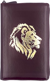 Библия 055zti код 23055-34 дизайн "золотой лев", кожаный переплет на молнии с индексами, цвет бордо металлик, средний формат, 143*220 мм